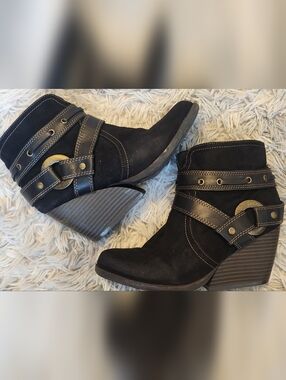Women’s Black Suede Ankle Booties with Decorative Strap Accent